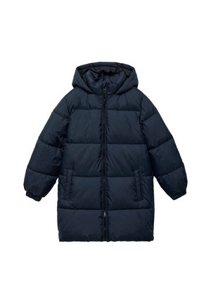 Veste doudoune bleu marine avec capuche, dotée d'une fermeture éclair à l'avant, de deux poches latérales et d'un motif matelassé horizontal. Poignets ajustables.