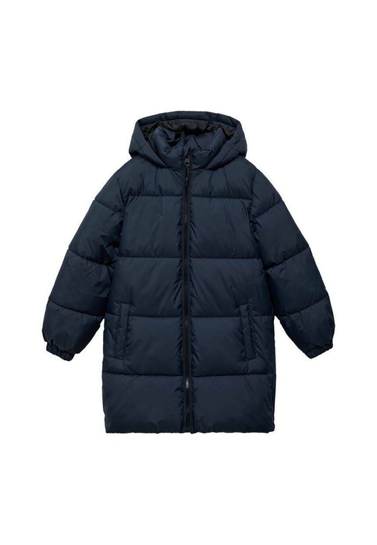Veste doudoune bleu marine avec capuche, dotée d'une fermeture éclair à l'avant, de deux poches latérales et d'un motif matelassé horizontal. Poignets ajustables.
