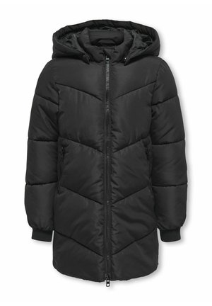 Giubbotto imbottito nero con cappuccio, dotato di chiusura frontale con zip, design a motivo a zigzag, polsini elasticizzati e due tasche laterali con zip.