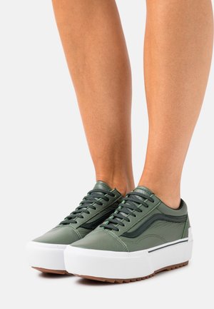 Zapatillas de cuero verdes con suela blanca de plataforma y detalles texturizados. Presentan rayas laterales negras y cordones verdes. Suela de goma para mayor agarre.