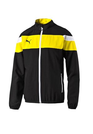 Sort sportsjakke med gule og hvide striber tværs over bryst og ærmer, hvid lynlås og Puma-logo på venstre bryst.