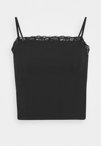 Czarny top na ramiączkach z regulowanymi spaghetti, zdobiony delikatną koronką wzdłuż dekoltu. Wykonany z miękkiej, elastycznej tkaniny.