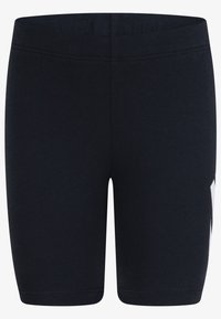 Black stretchy bike shorts with an elastic waistband, featuring a smooth texture and no visible patterns or hardware details.
