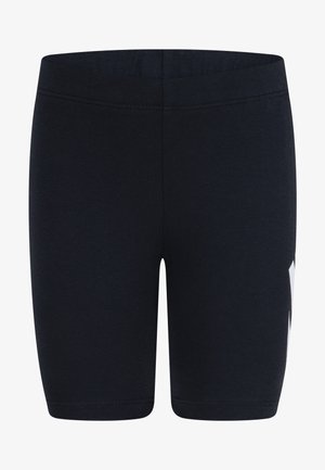 Pantalones cortos de ciclismo negros y elásticos con una cintura de goma, que presentan una textura lisa y sin patrones visibles ni detalles de herrajes.