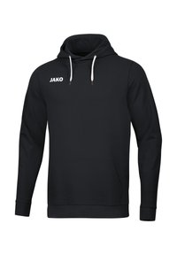Felpa nera con cappuccio realizzata in tessuto morbido. Presenta una tasca frontale a marsupio, cordini bianchi e il logo "JAKO" stampato in bianco.