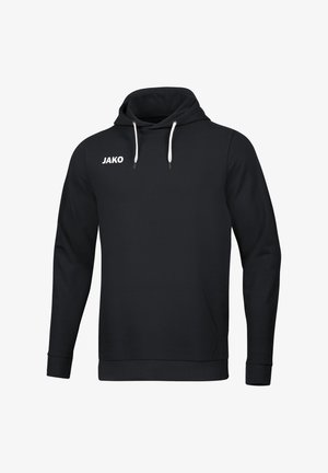 Felpa nera con cappuccio realizzata in tessuto morbido. Presenta una tasca frontale a marsupio, cordini bianchi e il logo "JAKO" stampato in bianco.