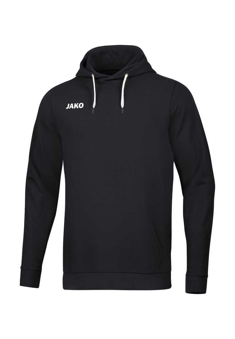 Felpa nera con cappuccio realizzata in tessuto morbido. Presenta una tasca frontale a marsupio, cordini bianchi e il logo "JAKO" stampato in bianco.