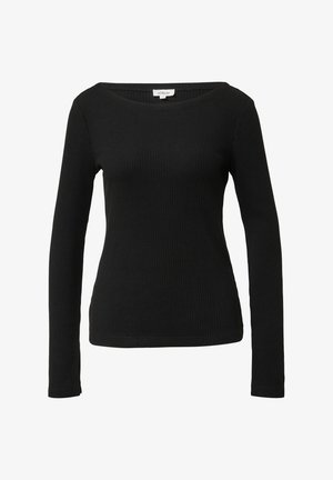 Črna rebrasta dolgohlava ženska majica s širokim okroglim ovratnikom in ozkim krojem, prikazana na beli podlagi.