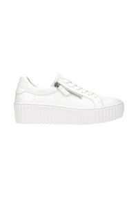Weiße Plateau-Sneaker mit einem glatten Lederoberteil, Schnürdesign, einem Reißverschlussakzent an der Seite und einer strukturierten, geriffelten Sohle.
