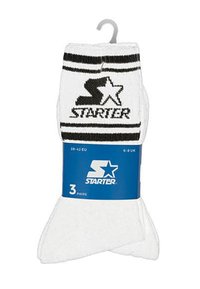 Witte sokken in een verpakking van drie met zwarte accenten. Bevat een streepjespatroon en het "STARTER"-logo prominent weergegeven. Maatbereik 39-42 EU.