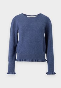 Suéter azul tricotado com um padrão de diamante, bainha canelada e punhos com babados. Decote redondo e corte descontraído.