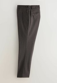 Dark brown, textured trousers with a straight leg cut. Features two front pockets, a back pocket with button closure, and two buttons at the waist.