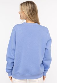 Helles blaues Sweatshirt mit geripptem Rundhalsausschnitt und Bündchen. Lockere Passform und weiche Textur, von hinten vor einem weißen Hintergrund gezeigt.