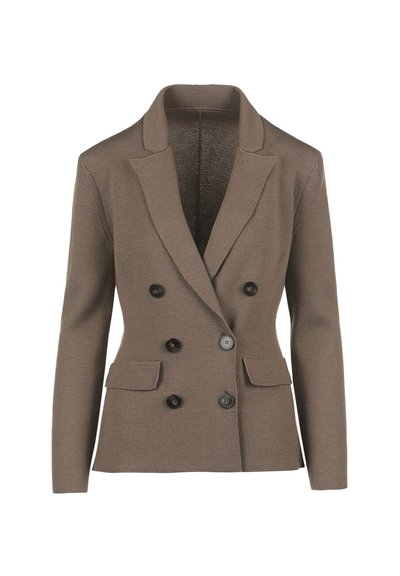 Dubbelzijdige bruine blazer van textuurstof, met een opstaande kraag, vier zwarte knopen en twee voorkruiszakken.