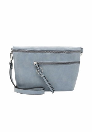 Light blue wristlet bag with two silver zippers and a detachable strap on a white background.