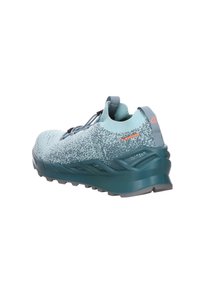 Blue and teal athletic shoe with a knitted upper, textured pattern, and a rugged sole. Features integrated lacing system and pull tab.