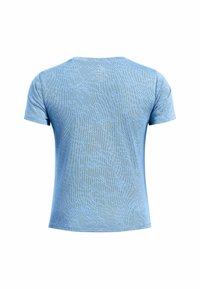 Helles blaues T-Shirt mit kurzen Ärmeln, das ein dezentes strukturiertes Muster aufweist, einen runden Ausschnitt hat und einen lockeren Schnitt mit einer glatten Oberfläche bietet.