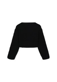 Schwarzer kurzer Pullover mit langen Ärmeln, der ein strukturiertes Strickmuster und einen quadratischen Ausschnitt aufweist. Die Rückansicht zeigt ein offenes Flechtmuster.