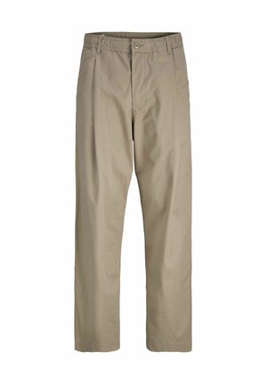 Pantalons droits marron clair avec ceinture à bouton et élastique, passants de ceinture et poches latérales, présentés sur fond blanc.