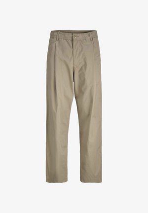 Pantalons droits marron clair avec ceinture à bouton et élastique, passants de ceinture et poches latérales, présentés sur fond blanc.