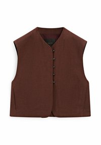 Gilet sans manches marron foncé avec boutons, col rond et deux poches latérales, posé à plat sur fond blanc.