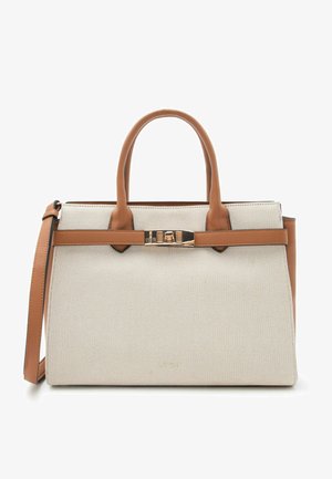 Beige fabric handbag with tan leather handles and strap, featuring a horizontal leather band with gold-tone buckle detail on front.