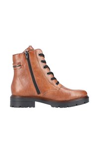 Bottine en cuir brun montante avec lacets noirs, fermeture éclair sur le côté et finition texturée. Équipée d'une semelle en caoutchouc épaisse et de minimalistes accents métalliques.