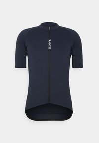 Marinblå kortärmad cykeltröja tillverkad av slätt tyg, med en hel dragkedja och logotyp på framsidan för synlighet.