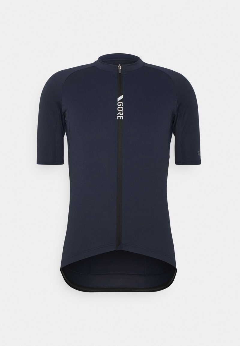 Marinblå kortärmad cykeltröja tillverkad av slätt tyg, med en hel dragkedja och logotyp på framsidan för synlighet.
