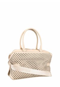 Sac à main beige présentant un design en treillis, en matériau synthétique, avec deux poignées et une bandoulière amovible avec logo embossé.