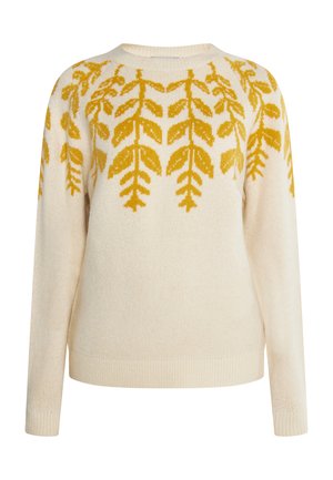 Cremfarbener Strickpullover mit gelbem Blattmuster über den Schultern, Rundhalsausschnitt und gerippten Bündchen und Saum. Weicher Stoff.