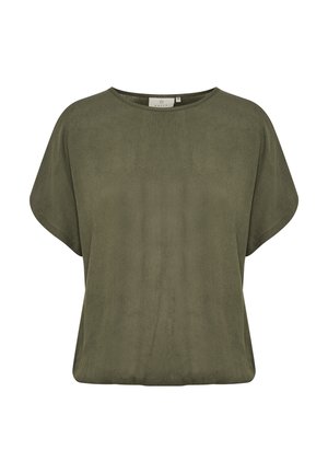 Blusa verde oliva a manica corta dalla vestibilità ampia, con scollo rotondo e tessitura sottile, mostrata su sfondo bianco.