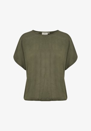 Blusa verde oliva a manica corta dalla vestibilità ampia, con scollo rotondo e tessitura sottile, mostrata su sfondo bianco.