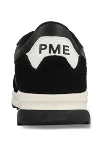Black sneaker with suede and leather materials, featuring a white back accent with "PME" logo, cushioned sole, and textured grip.