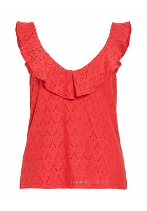 Red sleeveless top with scalloped ruffle neckline and eyelet patterned fabric, designed for women.