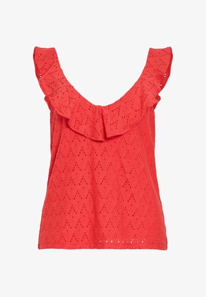 Red sleeveless top with scalloped ruffle neckline and eyelet patterned fabric, designed for women.