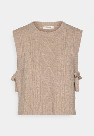 Béžový pletený svetrový top bez rukávov s vrkočovým vzorom, rebrovaným lemom a bočnými viazačmi na úpravu. Mäkká textúra, ľahký dizajn.