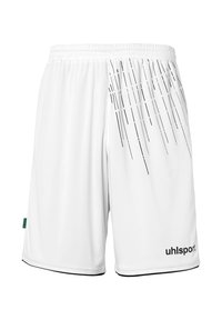 Witte sportshorts van lichtgewicht materiaal met een zwart grafisch ontwerp van verticale lijnen aan één kant. Merkenlogo op de zoom.