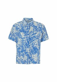Short-sleeve button-up shirt featuring a blue and white splatter pattern. Made of soft fabric with a relaxed fit and classic collar.