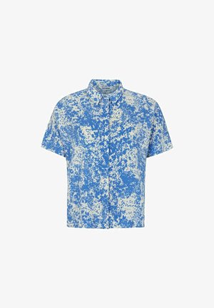 Kortærmet skjorte med knapper, der har et blå- og hvidt sprøjtet mønster. Lavet af blødt stof med en afslappet pasform og klassisk krave.