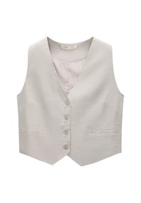 Jasnoszara kamizelka z dekoltem w kształcie litery V, pięcioma guzikami z przodu i dwoma bocznymi kieszeniami. Wykonana z teksturowanej tkaniny, o prostym kroju.
