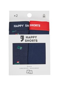 Twee-pack marineblauwe boxershorts met een rode tailleband. Één paar heeft een grafisch ontwerp, het andere is effen. Katoenen materiaal. Maat M.