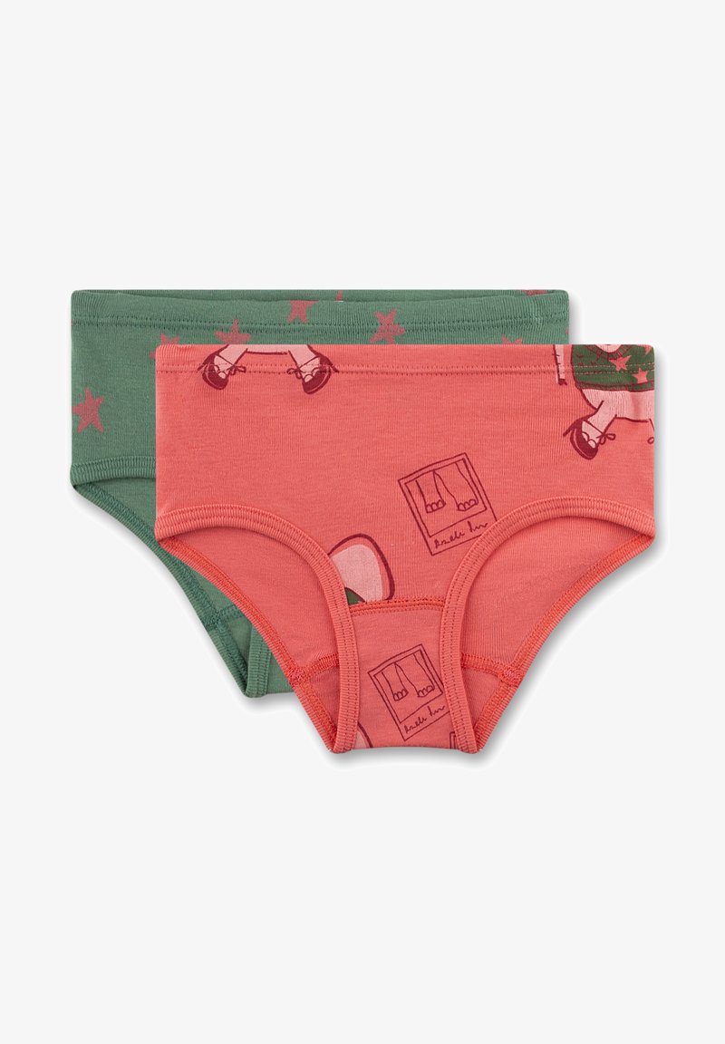 Zwei Paare Baumwollunterwäsche: eines in Koralle mit einem Druckdesign von Schuhen, das andere in Grün mit einem Sternmuster. Beide verfügen über elastische Bündchen.