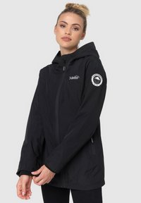 Black hooded jacket made of water-resistant material, featuring a front zipper, side pockets, and a logo patch on the sleeve.