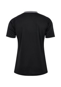 T-shirt noir à manches courtes avec un col gris, texture lisse et coupe classique, idéal pour le sport ou un look décontracté.