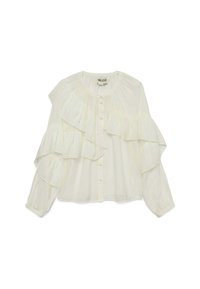 Blusa bianca a maniche lunghe con design a strati e volants, scollo rotondo e chiusura frontale con bottoni. Realizzata in tessuto leggero e testurizzato.