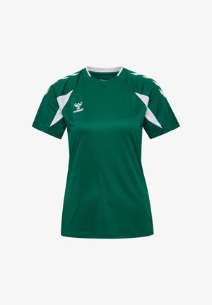 Grøn sports-T-shirt med korte ærmer og hvide detaljer på skuldre og ærmer, med en lille hvid Hummel-logo på brystet.