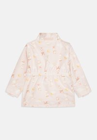Veste rose clair avec un motif de lapin et de soleil, dotée d'une taille élastique, de manches longues et d'un col haut. Texture lisse.
