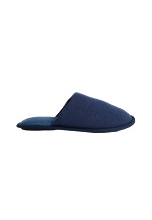 Pantofole in tessuto blu navy con una texture liscia, tacco chiuso e design a punta arrotondata. Presentano un sottile motivo mélange e una soletta imbottita.
