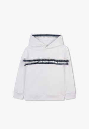 Sweat à capuche blanc avec capuche, poignets côtelés et une bande horizontale cousue bleu marine et blanche sur la poitrine.